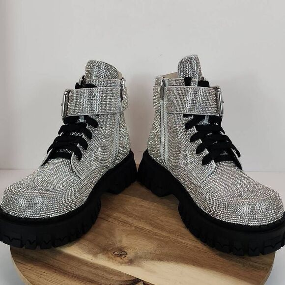 Dolls Kill Hype Status Combat Boots - Silver Rhinestone (Poster Grl) Women's Siz - Picture 8 of 10